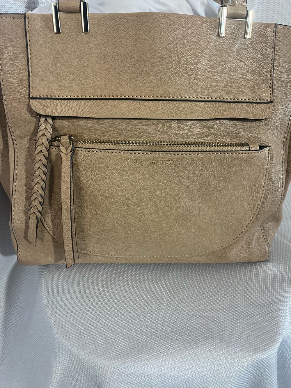 Vince Camuto Beige-Tan Leather Top-Handle Satchel - Picture 4 of 4